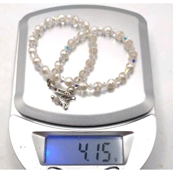 Vtg 925 Sterling Silver Clasp Faux Pearl & AB Aurora Borealis Facetted Bead 8" - Picture 10 of 11